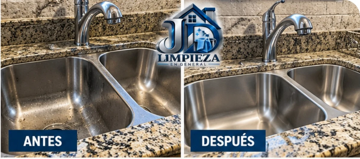 Antes y después de limpiar un fregadero de acero inoxidable
