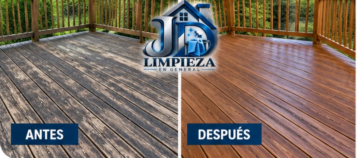Antes y después de limpiar una terraza de madera