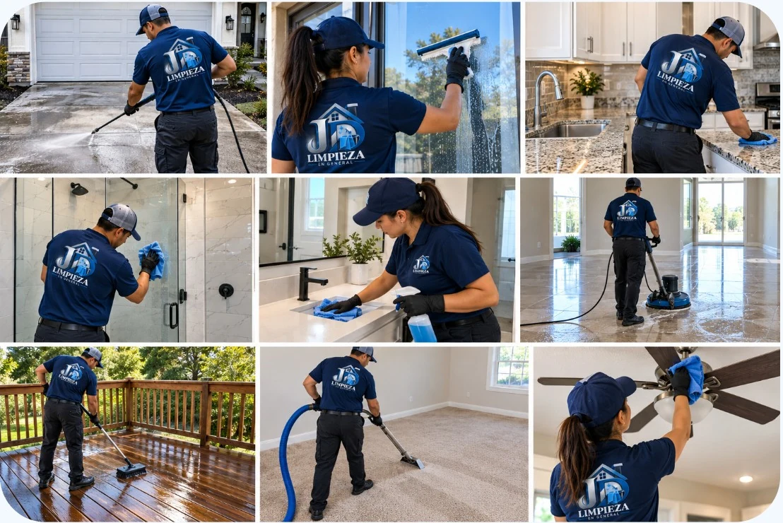 Nueve fotografías de nuestro equipo limpiando suelos, terrazas, cristales, cocinas y moquetas