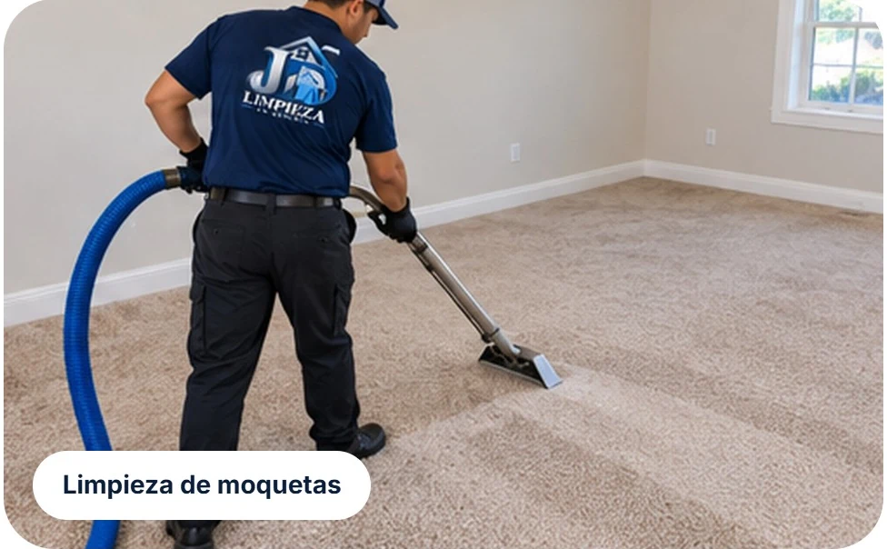 Operario limpiando una moqueta con maquinaria de extracción